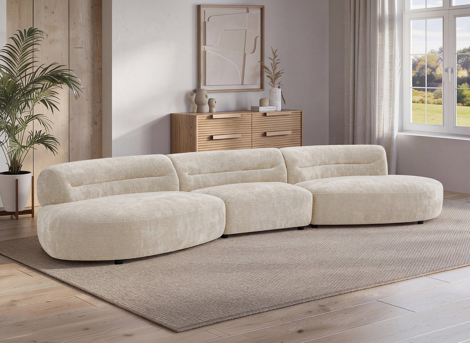 Canapé droit fixe 6 places en velours tissé beige IMENIA