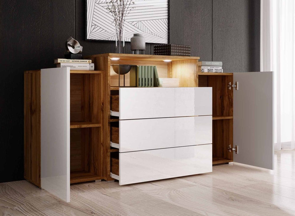 Buffet commodes 2 portes 3 tiroirs chêne et blanc avec LED - MARCEL