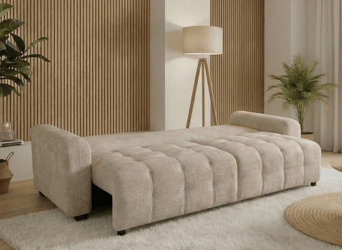 Canapé convertible avec coffre 3 places en velours chiné beige RALYA