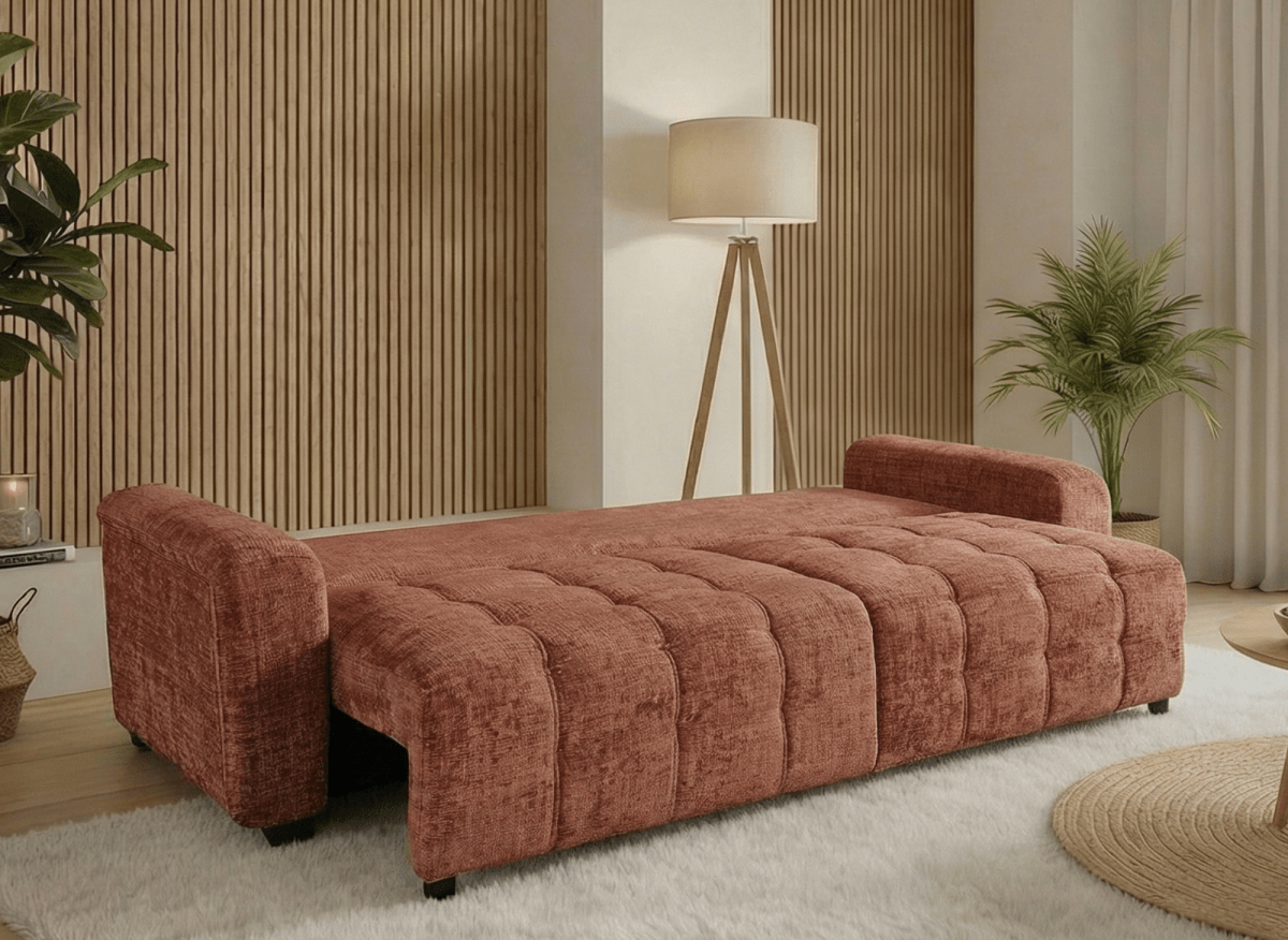 Canapé convertible avec coffre 3 places en velours chiné terracotta RALYA