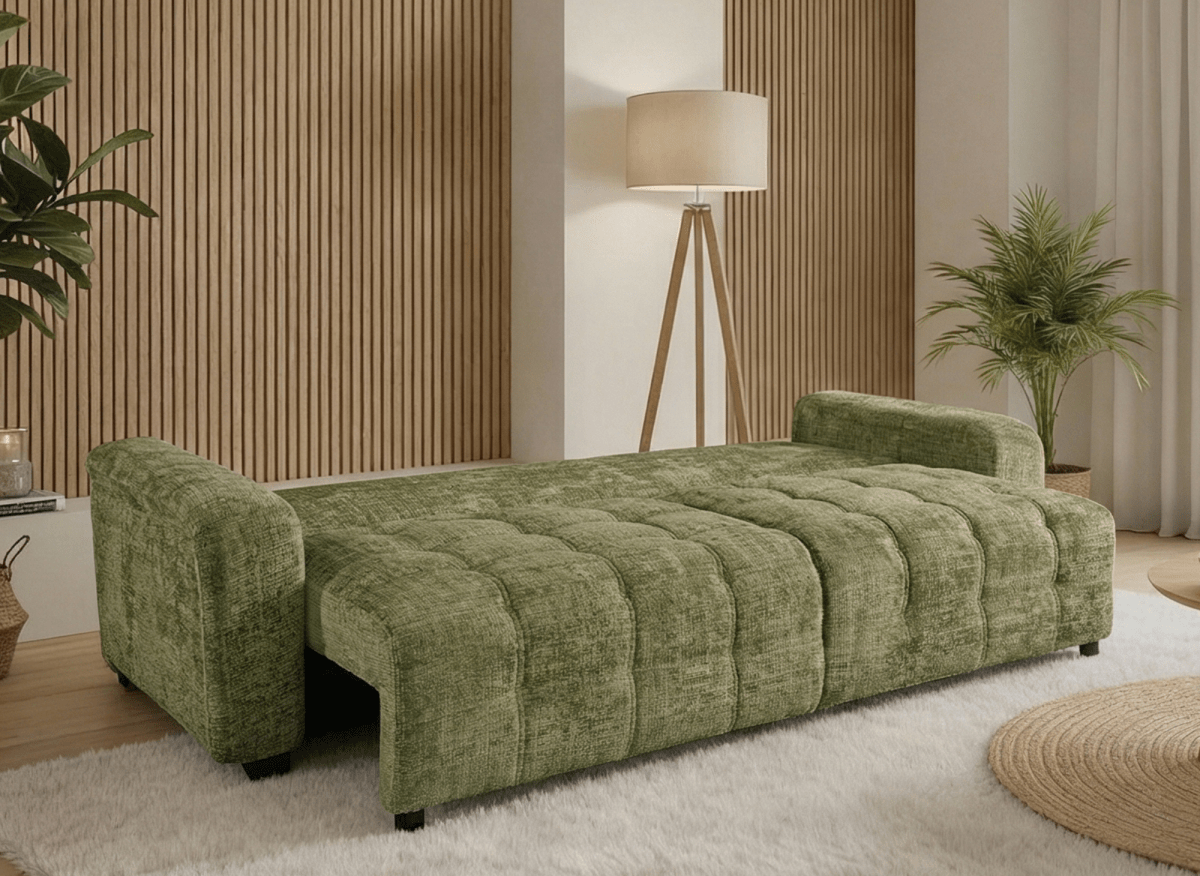 Canapé convertible avec coffre 3 places en velours chiné vert olive RALYA