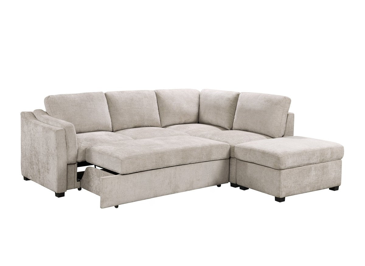 Canapé convertible avec coffre en velours chiné beige BARNEY - Angle droit