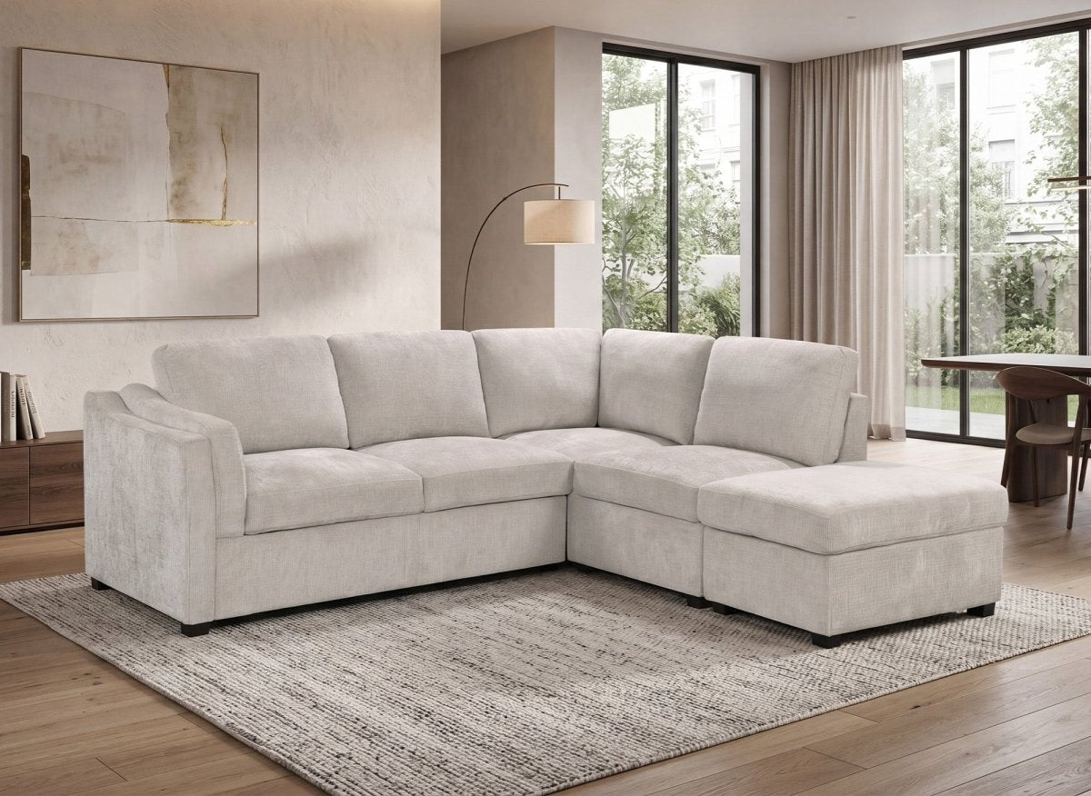 Canapé convertible avec coffre en velours chiné beige BARNEY - Angle droit