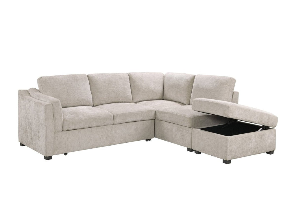 Canapé convertible avec coffre en velours chiné beige BARNEY - Angle droit