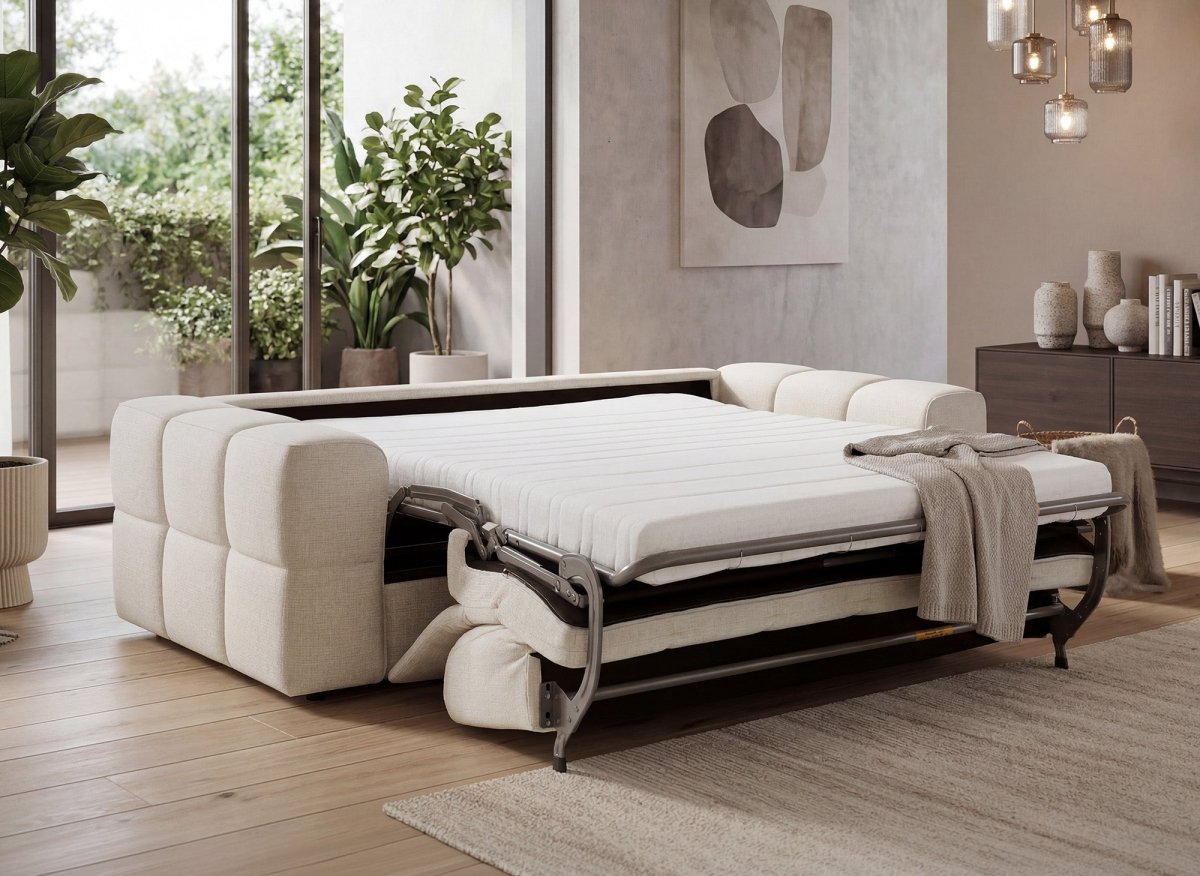 Canapé convertible express 3 places en velours texturé beige BASILE