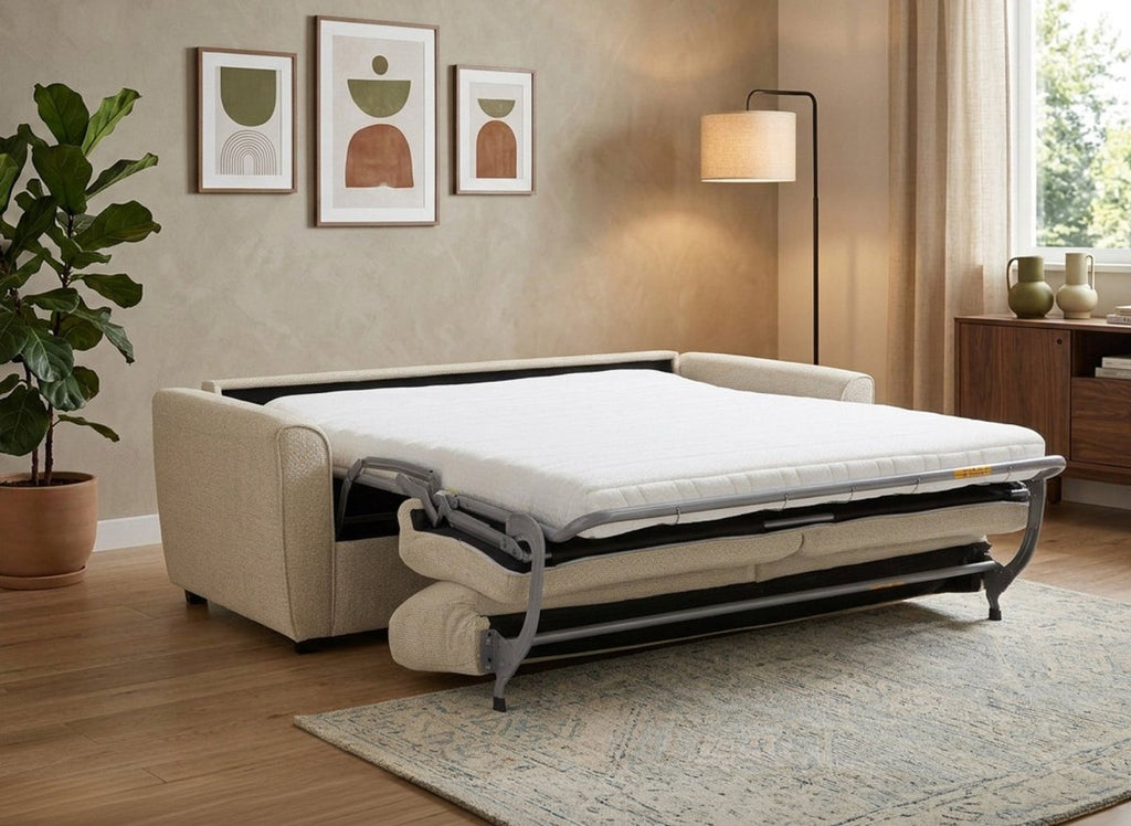 Canapé convertible express 3 places en velours texturé beige KALIANA