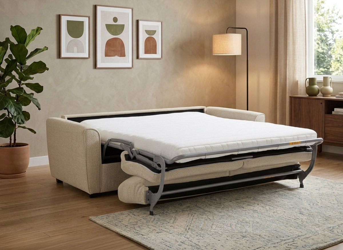 Canapé convertible express 3 places en velours texturé beige KALIANA