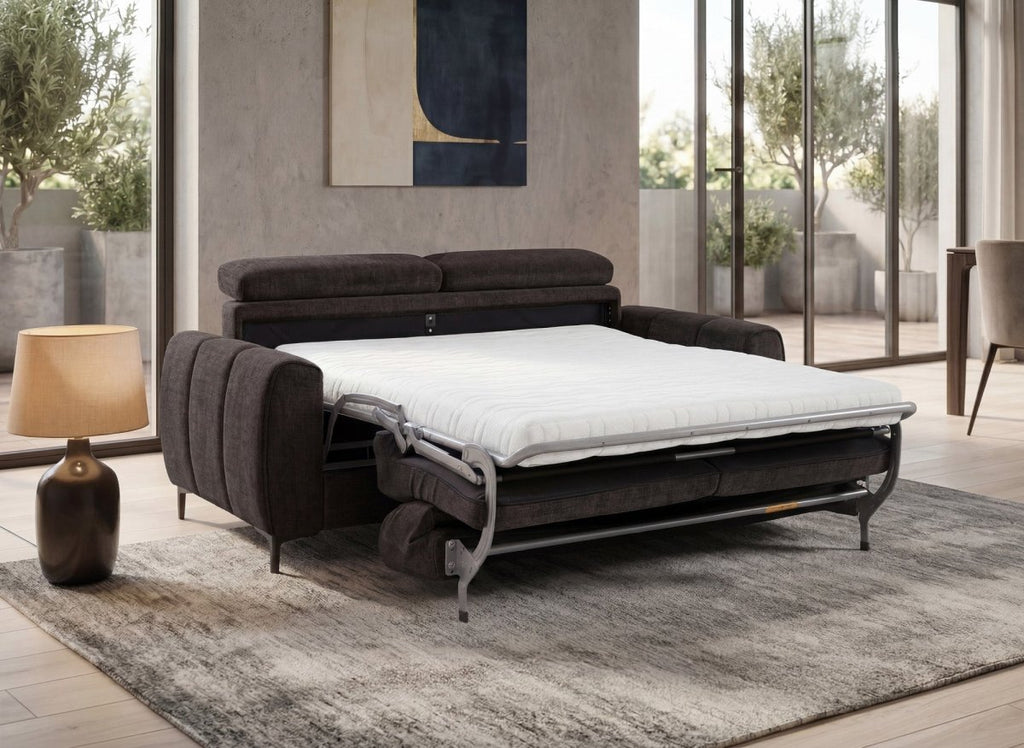 Canapé convertible express 3 places en velours texturé marron CALEB
