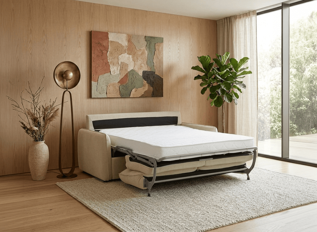 Canapé convertible express 3 places matelas 15 cm en tissu texturé beige ADILIO