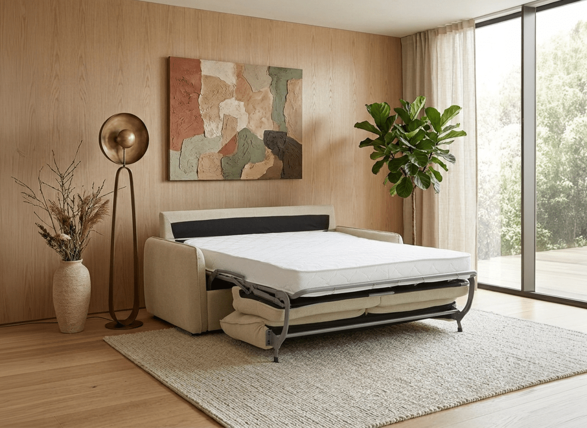 Canapé convertible express 3 places matelas 15 cm en tissu texturé beige ADILIO