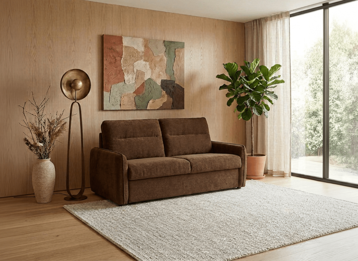 Canapé convertible express 3 places matelas 15 cm en tissu texturé terracotta ADILIO