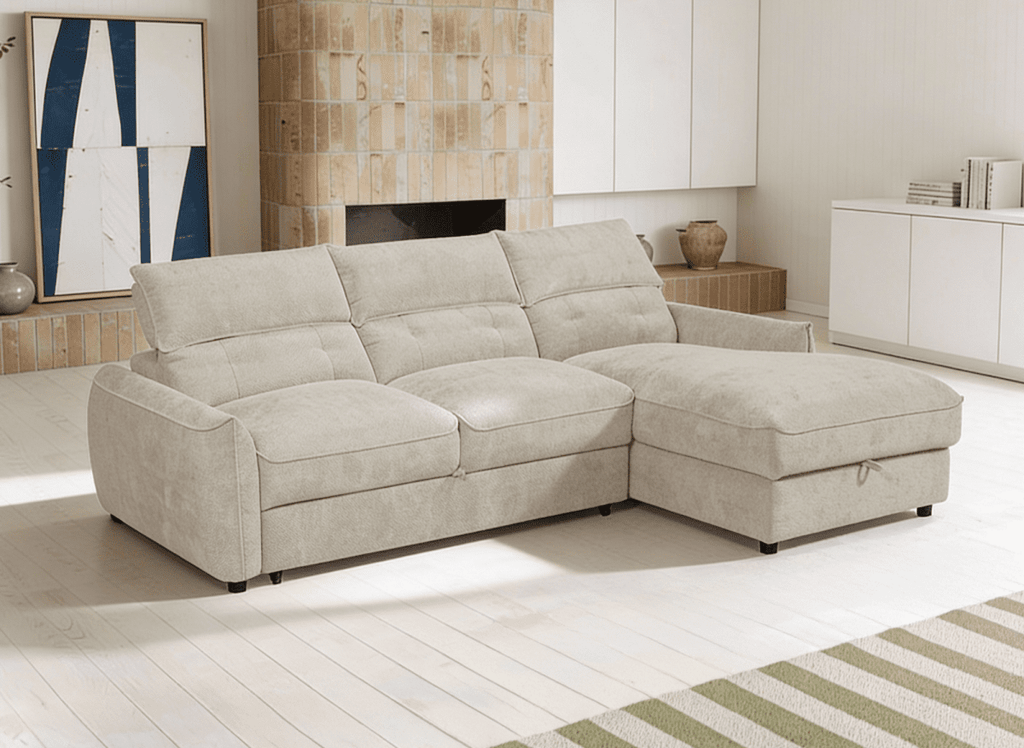 Canapé d'angle convertible avec coffre de rangement en velours chiné beige SAMINA - Angle droit