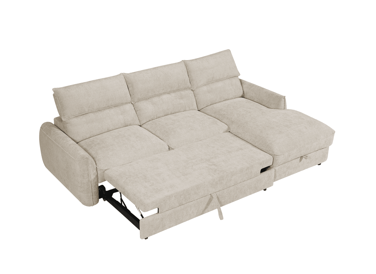 Canapé d'angle convertible avec coffre de rangement en velours chiné beige SAMINA - Angle droit