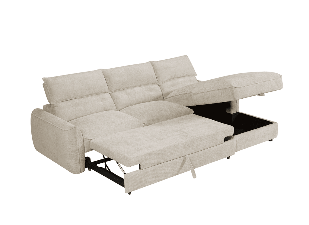 Canapé d'angle convertible avec coffre de rangement en velours chiné beige SAMINA - Angle droit