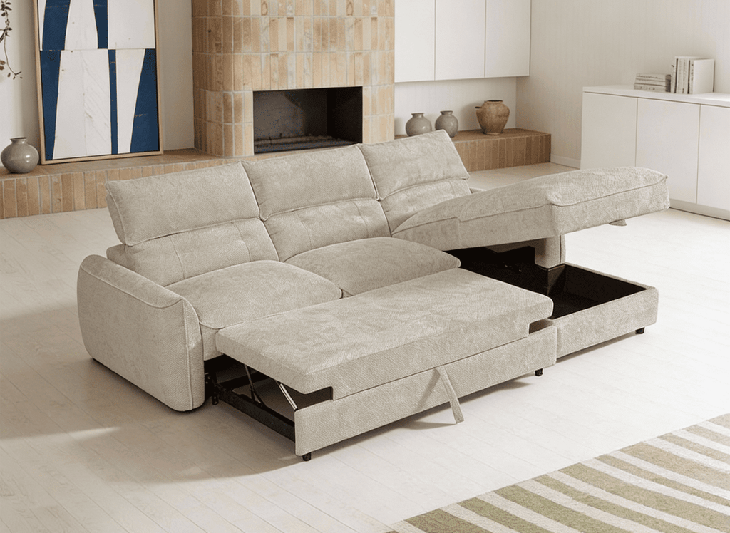 Canapé d'angle convertible avec coffre de rangement en velours chiné beige SAMINA - Angle droit