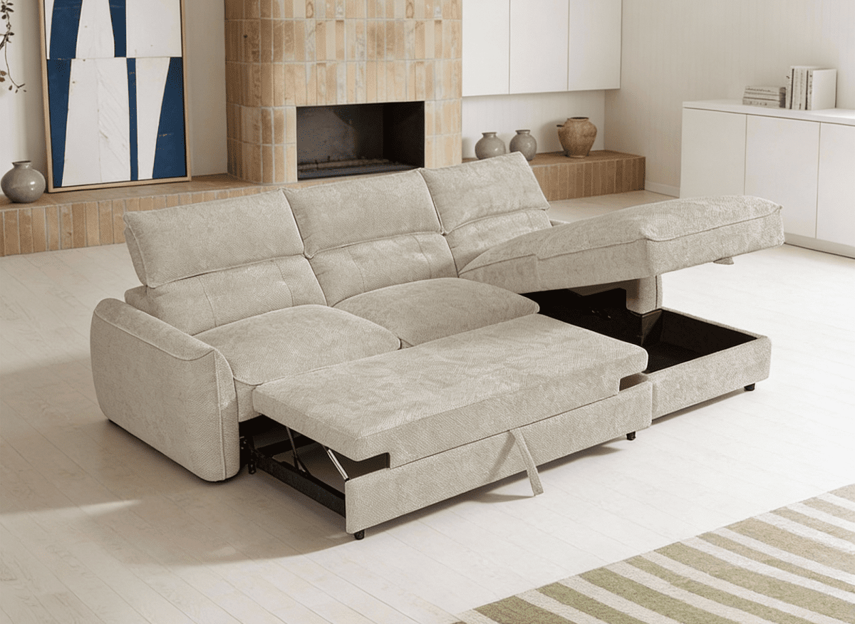 Canapé d'angle convertible avec coffre de rangement en velours chiné beige SAMINA - Angle droit