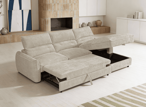 Canapé d'angle convertible avec coffre de rangement en velours chiné beige SAMINA - Angle droit