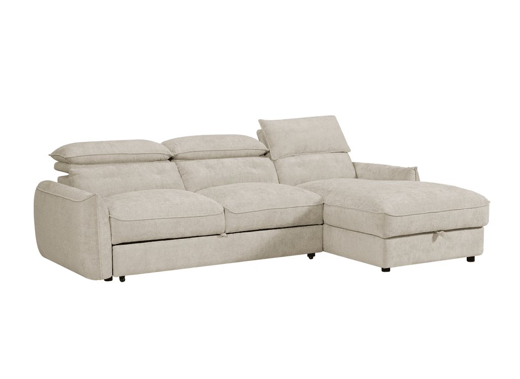 Canapé d'angle convertible avec coffre de rangement en velours chiné beige SAMINA - Angle droit