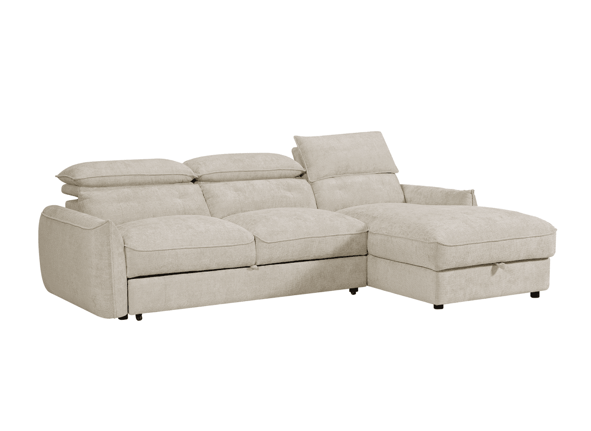 Canapé d'angle convertible avec coffre de rangement en velours chiné beige SAMINA - Angle droit