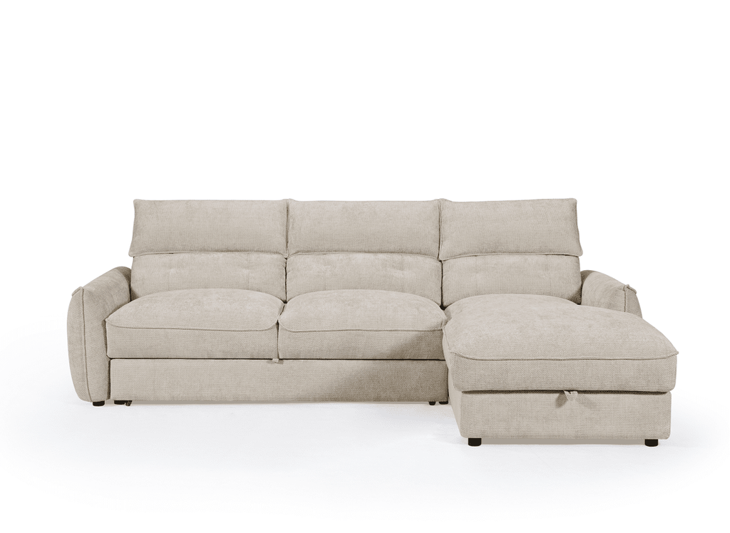 Canapé d'angle convertible avec coffre de rangement en velours chiné beige SAMINA - Angle droit