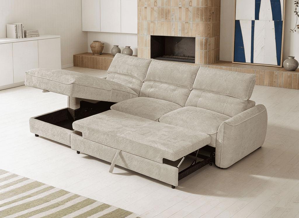 Canapé d'angle convertible avec coffre de rangement en velours chiné beige SAMINA - Angle gauche