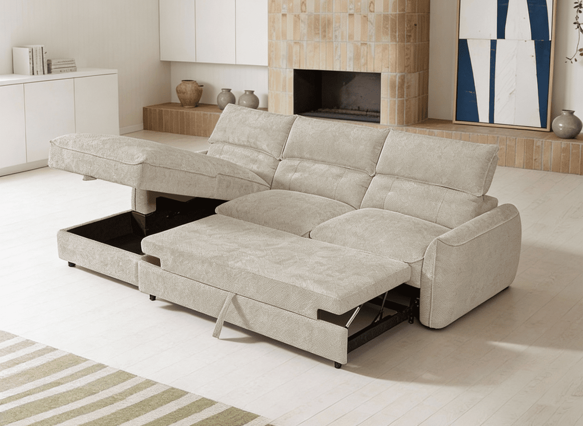Canapé d'angle convertible avec coffre de rangement en velours chiné beige SAMINA - Angle gauche