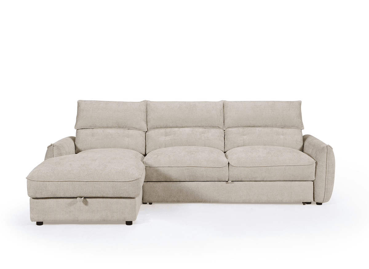 Canapé d'angle convertible avec coffre de rangement en velours chiné beige SAMINA - Angle gauche