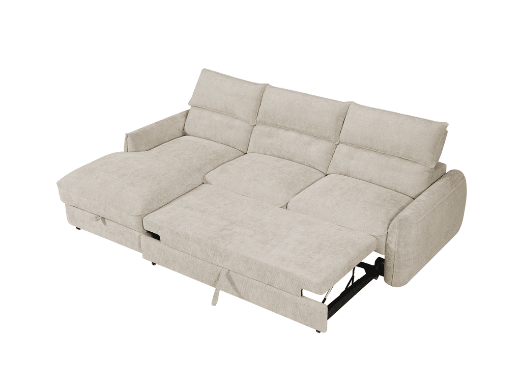 Canapé d'angle convertible avec coffre de rangement en velours chiné beige SAMINA - Angle gauche