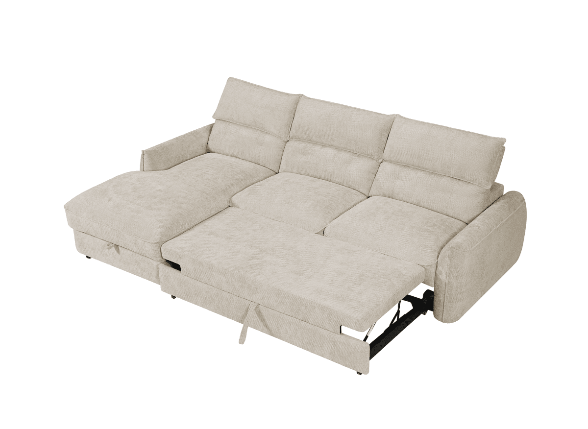 Canapé d'angle convertible avec coffre de rangement en velours chiné beige SAMINA - Angle gauche