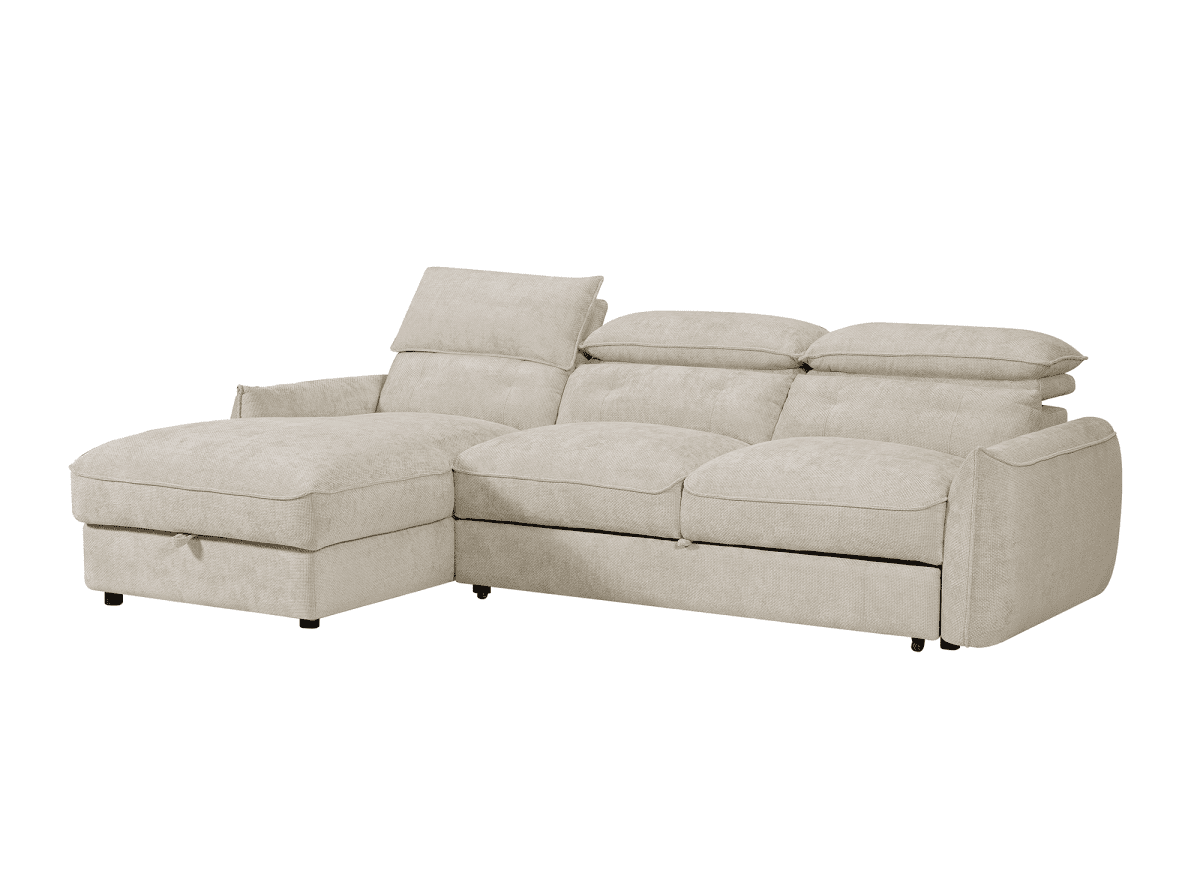Canapé d'angle convertible avec coffre de rangement en velours chiné beige SAMINA - Angle gauche