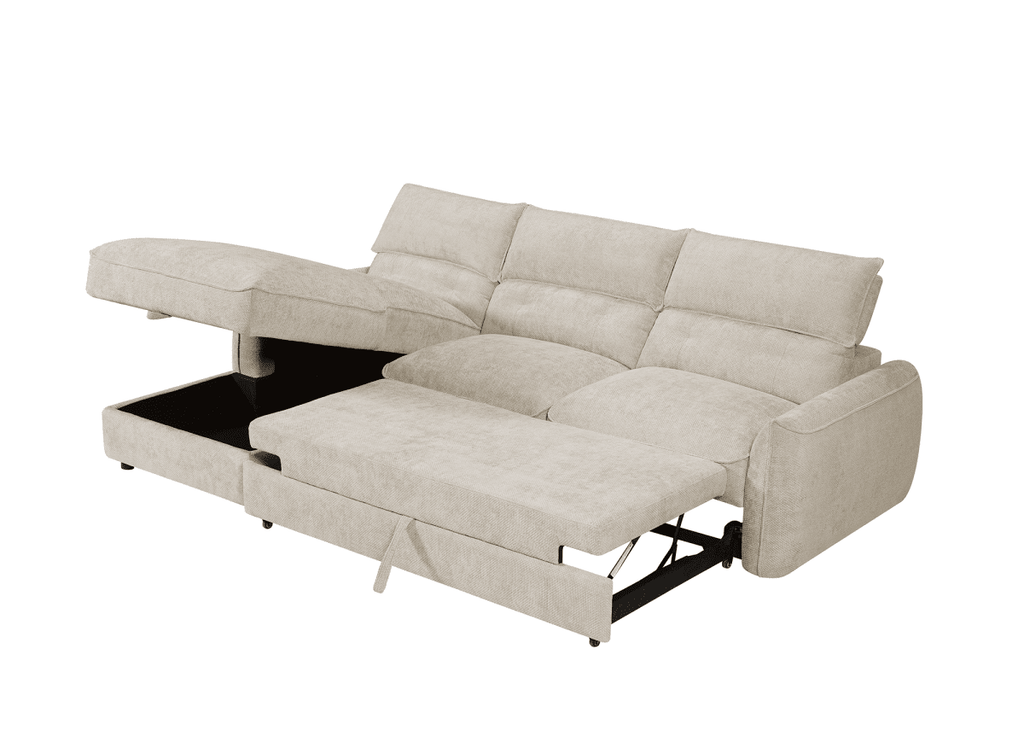 Canapé d'angle convertible avec coffre de rangement en velours chiné beige SAMINA - Angle gauche