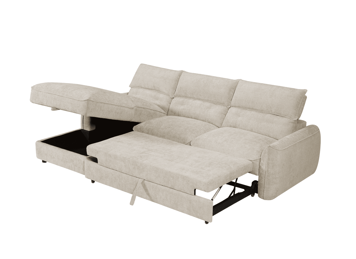 Canapé d'angle convertible avec coffre de rangement en velours chiné beige SAMINA - Angle gauche