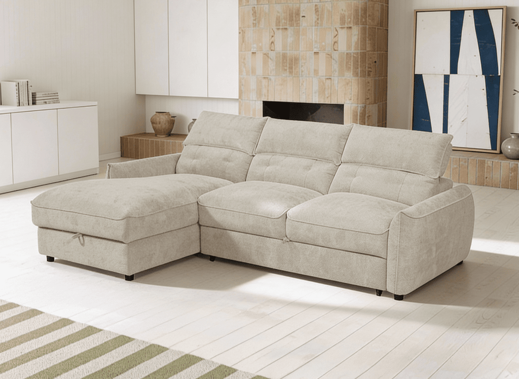Canapé d'angle convertible avec coffre de rangement en velours chiné beige SAMINA - Angle gauche