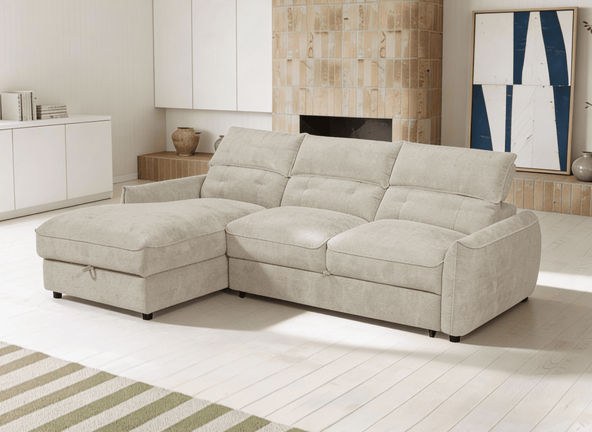 Canapé d'angle convertible avec coffre de rangement en velours chiné beige SAMINA - Angle gauche