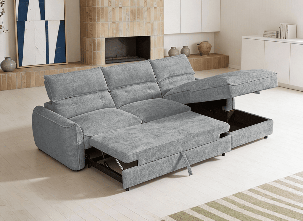 Canapé d'angle convertible avec coffre de rangement en velours chiné gris SAMINA - Angle droit