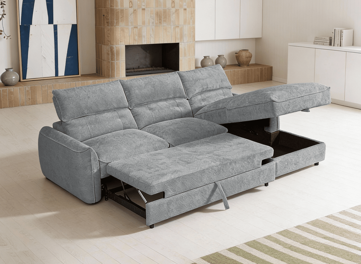 Canapé d'angle convertible avec coffre de rangement en velours chiné gris SAMINA - Angle droit