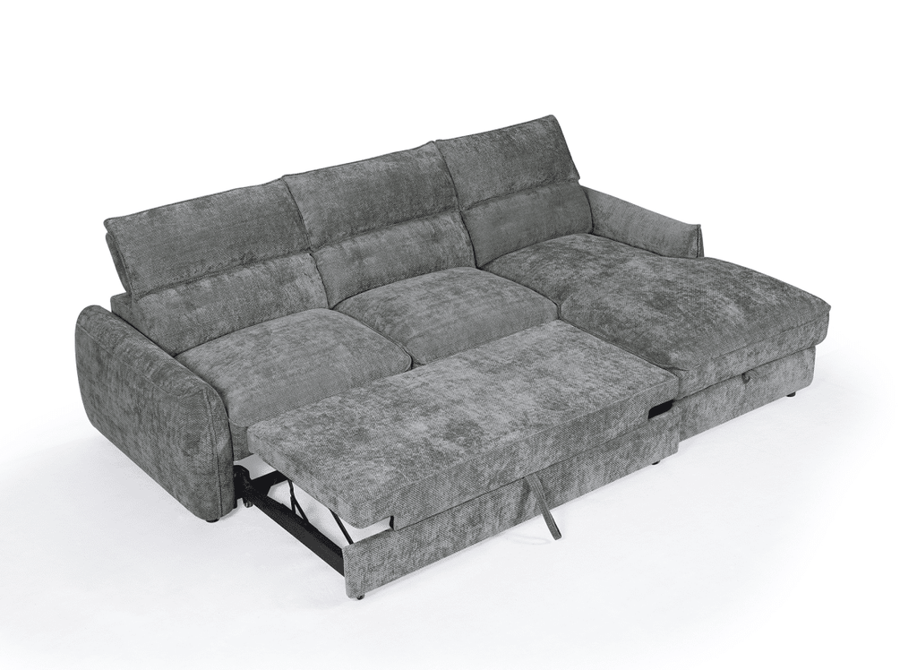 Canapé d'angle convertible avec coffre de rangement en velours chiné gris SAMINA - Angle droit