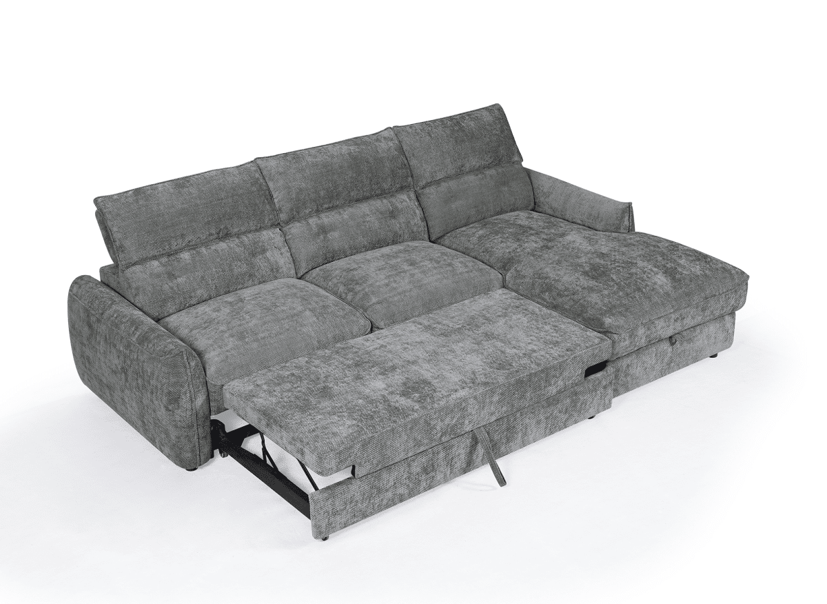 Canapé d'angle convertible avec coffre de rangement en velours chiné gris SAMINA - Angle droit