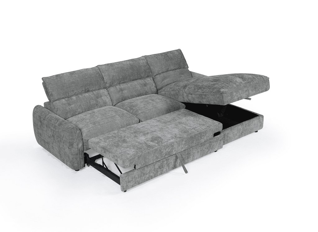 Canapé d'angle convertible avec coffre de rangement en velours chiné gris SAMINA - Angle droit