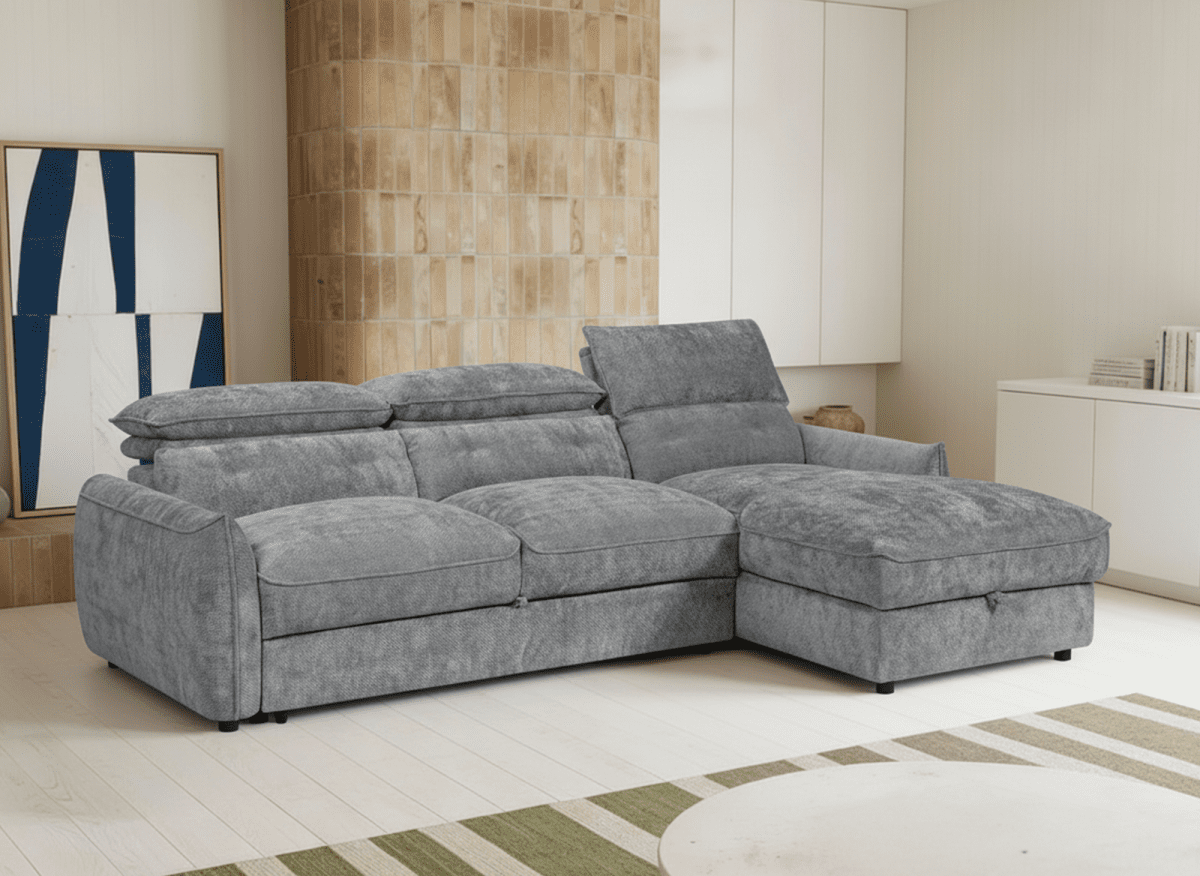 Canapé d'angle convertible avec coffre de rangement en velours chiné gris SAMINA - Angle droit