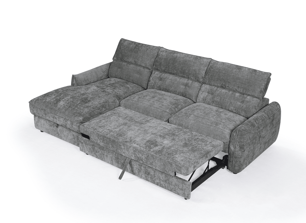 Canapé d'angle convertible avec coffre de rangement en velours chiné gris SAMINA - Angle gauche
