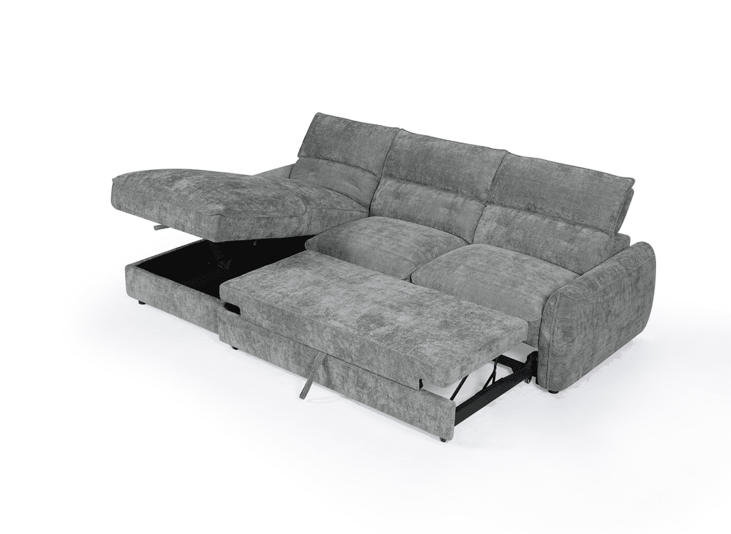 Canapé d'angle convertible avec coffre de rangement en velours chiné gris SAMINA - Angle gauche