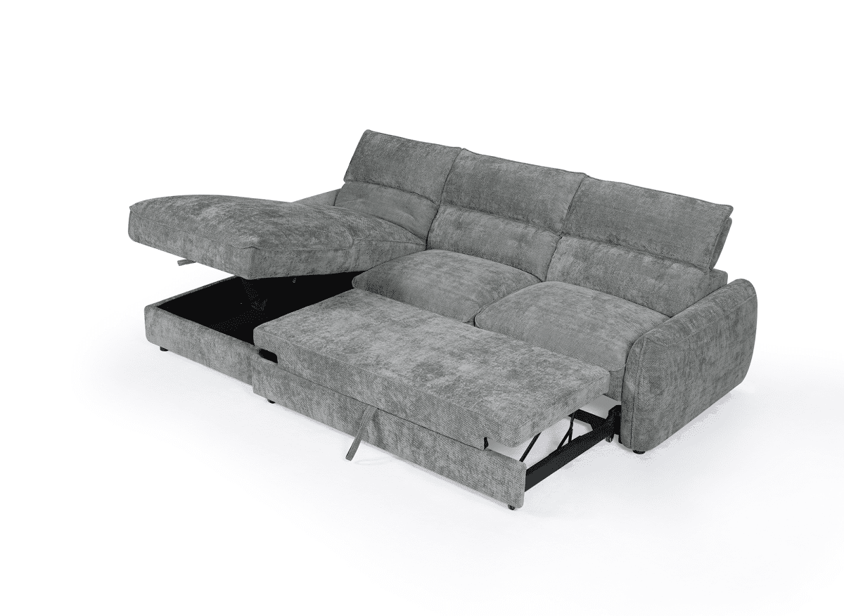 Canapé d'angle convertible avec coffre de rangement en velours chiné gris SAMINA - Angle gauche
