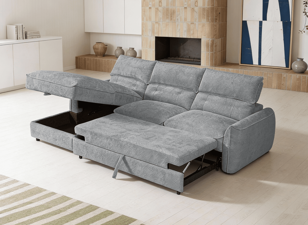 Canapé d'angle convertible avec coffre de rangement en velours chiné gris SAMINA - Angle gauche
