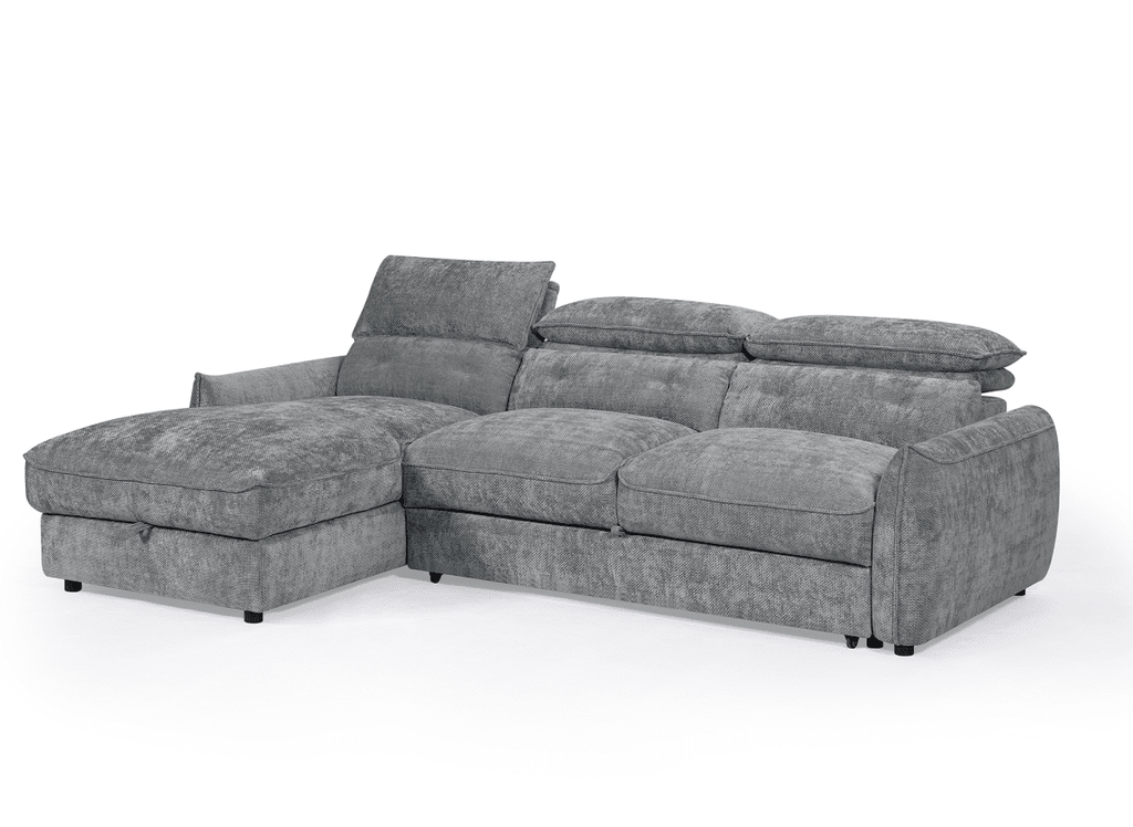 Canapé d'angle convertible avec coffre de rangement en velours chiné gris SAMINA - Angle gauche