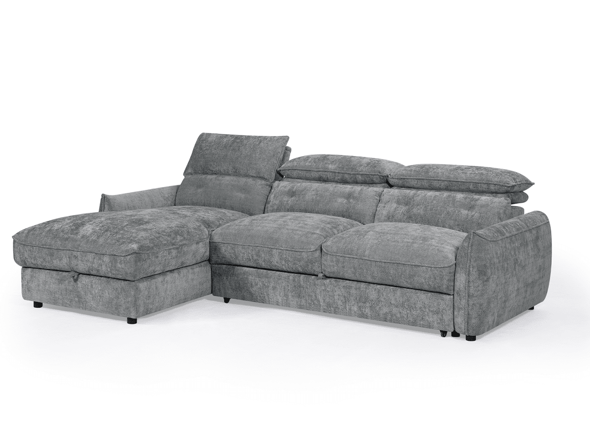 Canapé d'angle convertible avec coffre de rangement en velours chiné gris SAMINA - Angle gauche