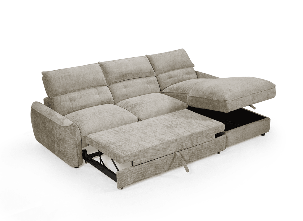 Canapé d'angle convertible avec coffre de rangement en velours chiné taupe SAMINA - Angle droit
