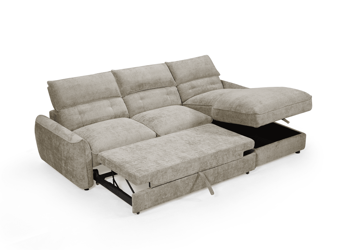 Canapé d'angle convertible avec coffre de rangement en velours chiné taupe SAMINA - Angle droit