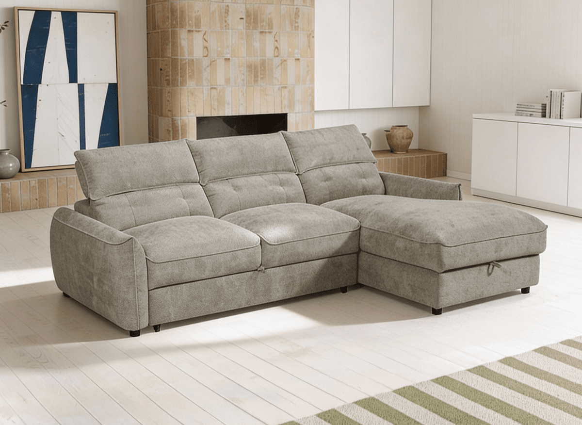 Canapé d'angle convertible avec coffre de rangement en velours chiné taupe SAMINA - Angle droit