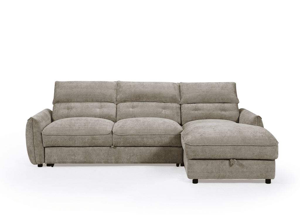 Canapé d'angle convertible avec coffre de rangement en velours chiné taupe SAMINA - Angle droit